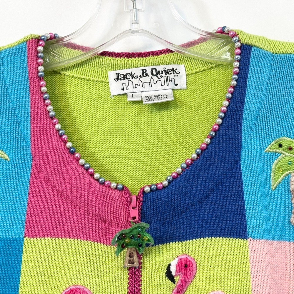 VTG‎ Jack B Quick Large Sweater Flamingo Beaded Zip Beachy Coastal Novelty 345 - Picture 4 of 11
